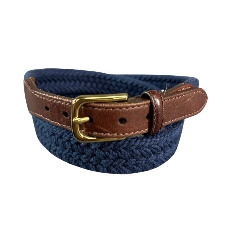 LL Bean Mens Navy Blue Braided Cord Leather Belt Brass Buckle Made in USA Large